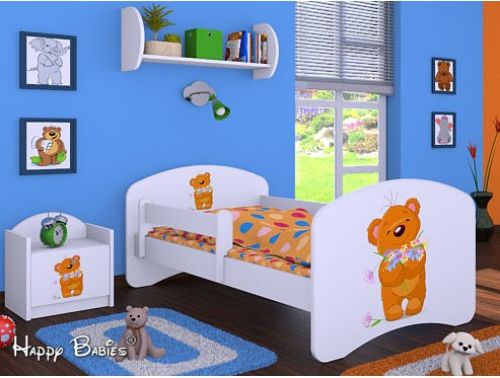 Dětská postel Happy Babies se zábranou Bílá Medvídek s květinkou 160x80 - obrázek 1