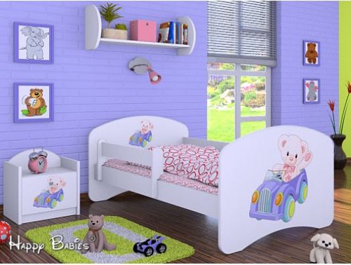 Dětská postel Happy Babies se zábranou Bílá Medvídek v modrém autě 160x80 - obrázek 1