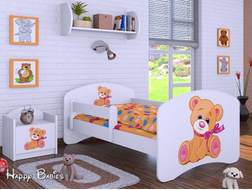Dětská postel Happy Babies se zábranou Bílá Medvídek s mašlí 180x90 - obrázek 1