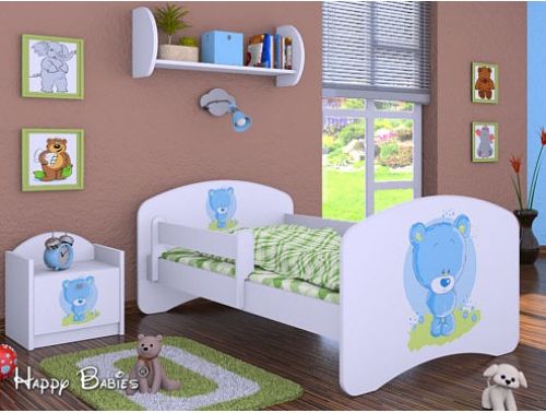 Dětská postel Happy Babies se zábranou Bílá Modrý medvídek 160x80 - obrázek 1