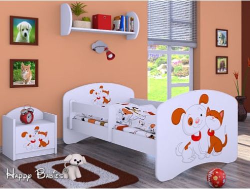 Dětská postel Happy Babies se zábranou Bílá Pejsek s kočičkou 180x90 - obrázek 1