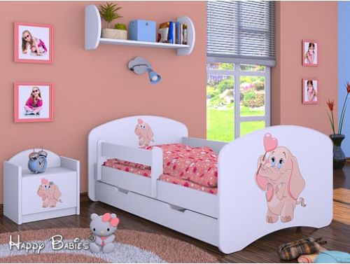 Dětská postel Happy Babies Bílá se zábranou Slůňe 160x80 - obrázek 1
