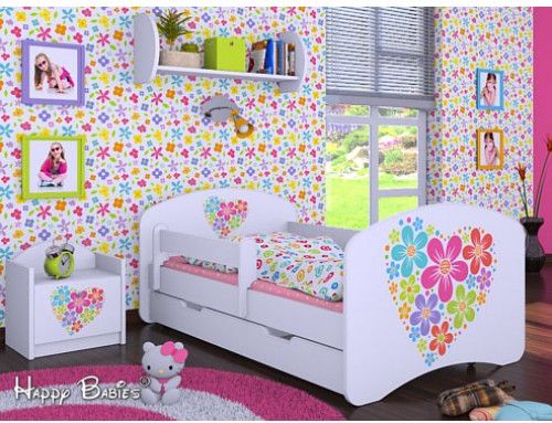 Dětská postel Happy Babies Bílá se zábranou Srdce z květin 180x90 - obrázek 1