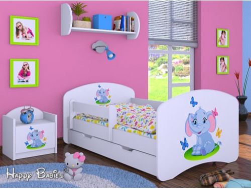 Dětská postel Happy Babies Bílá se zábranou Slůně s motýlky 180x90 - obrázek 1