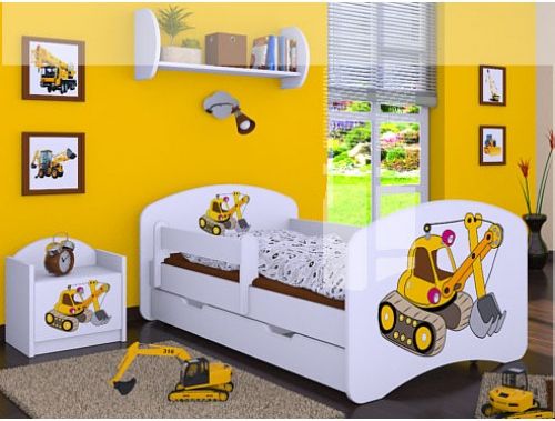 Dětská postel Happy Babies Bílá se zábranou Bagr 180x90 - obrázek 1