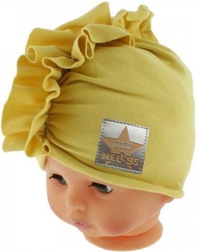 Baby Nellys Jarní/podzimní bavlněná čepice - turban, hořčicová - 44/48 čepičky obvod - obrázek 5