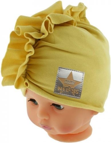 Baby Nellys Jarní/podzimní bavlněná čepice - turban, hořčicová - 44/48 čepičky obvod - obrázek 6