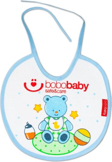 Nepromokavý froté bryndáček BOBO BABY - medvídek, modrý lem - obrázek 1