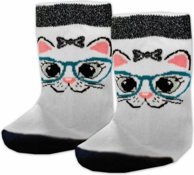 Baby Nellys Bavlněné ponožky Kočka s brýlemi - bílé, Velikost koj. oblečení 13-14 vel. ponožek - obrázek 1