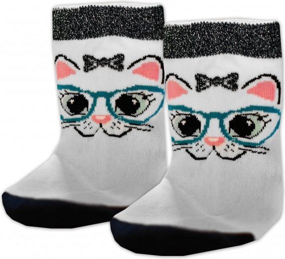 Baby Nellys Bavlněné ponožky Kočka s brýlemi - bílé, vel. 15-16cm - obrázek 3