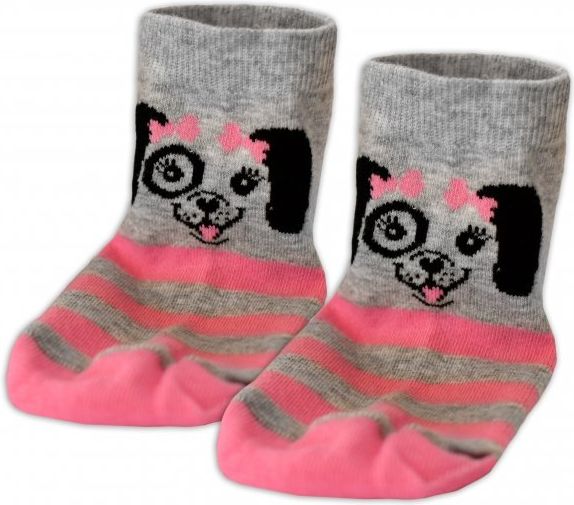 Baby Nellys Bavlněné ponožky Pejsek mašlička - šedé/růžový proužek, vel. 15-16cm - obrázek 1