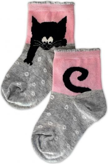 Baby Nellys Bavlněné ponožky Kocour - šedo/růžové, vel. 17-18cm - obrázek 1