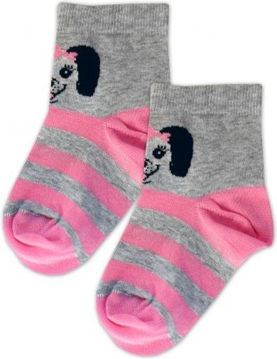 Baby Nellys Bavlněné ponožky Pejsek mašlička - šedé/růžový proužek, vel. 17-18cm - obrázek 2