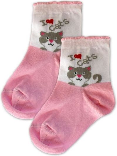 Baby Nellys Bavlněné ponožky I love cats - růžovo/bílé, vel. 17-18cm - obrázek 1