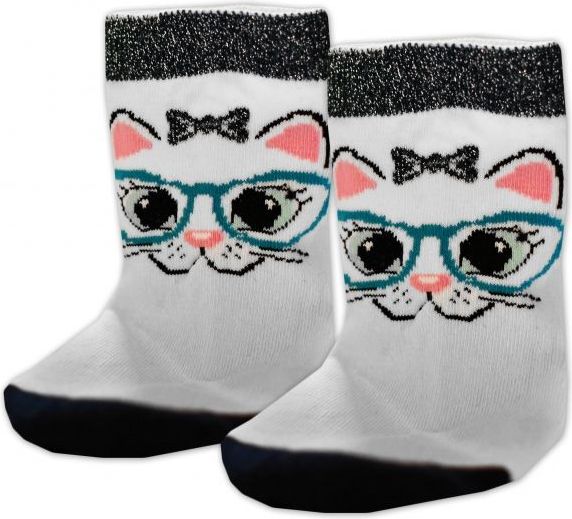 Baby Nellys Bavlněné ponožky Kočka s brýlemi - bílé, vel. 17-18cm - obrázek 1