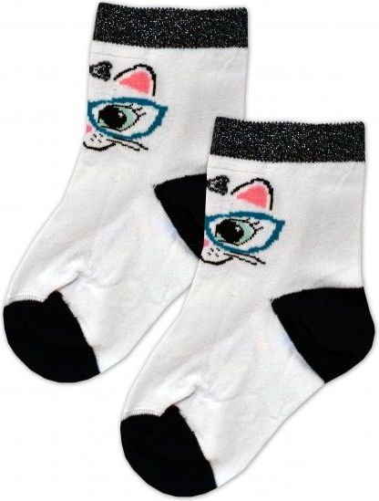 Baby Nellys Bavlněné ponožky Kočka s brýlemi - bílé, vel. 17-18cm - obrázek 2