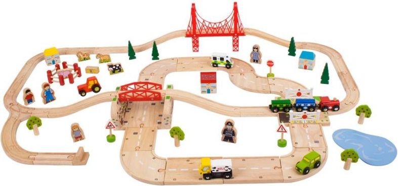 Bigjigs Rail Dřevěná vláčkodráha s venkovskou cestou 80 dílů - obrázek 1