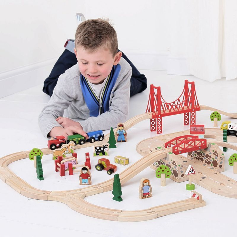 Bigjigs Rail Dřevěná vláčkodráha s venkovskou cestou 80 dílů - obrázek 5