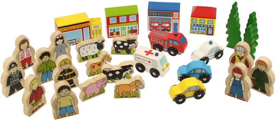 Vláčkodráha tématický set -  Budovy, figurky, auta (Bigjigs) - obrázek 1