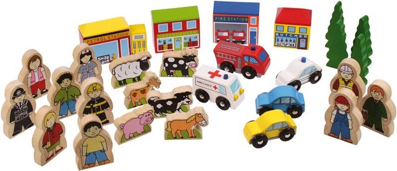 Vláčkodráha tématický set -  Budovy, figurky, auta (Bigjigs) - obrázek 4