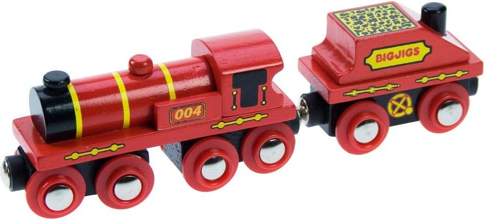 Bigjigs Rail Červená lokomotiva s tendrem + 3 koleje - obrázek 1