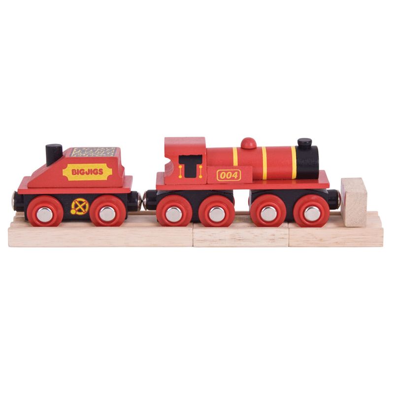 Bigjigs Rail Červená lokomotiva s tendrem + 3 koleje - obrázek 2