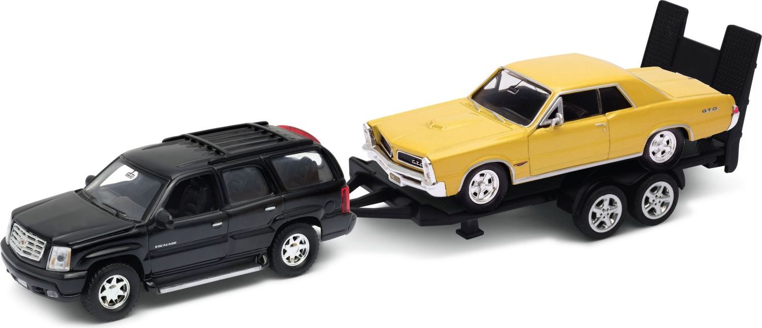 Welly - Pontiac GTO (černý) a Cadillac Escalade (zlatý) autopřívěs model 1:34 - obrázek 1