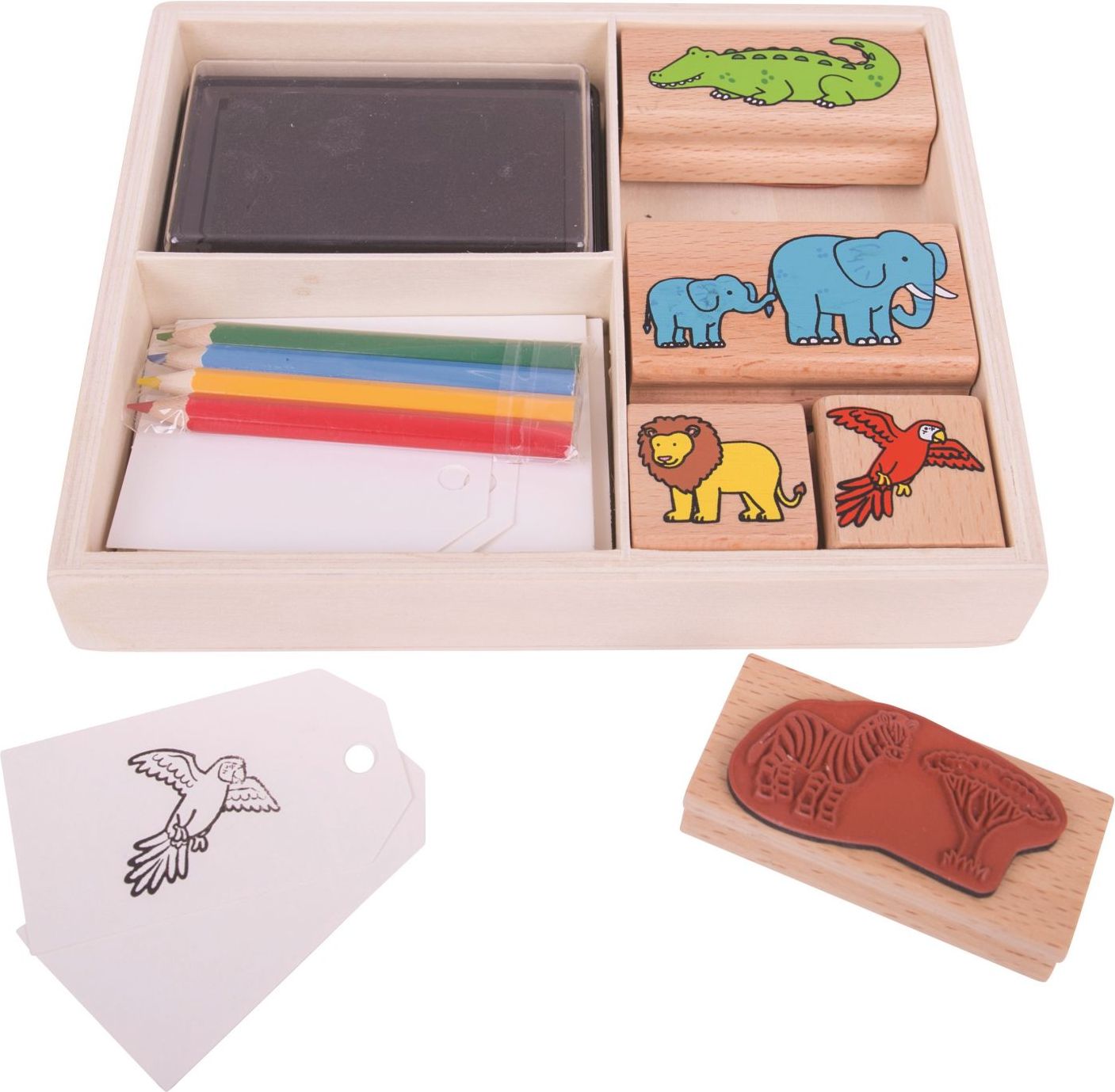 Bigjigs Toys Dřevěné razítka s pastelkami Safari - obrázek 1