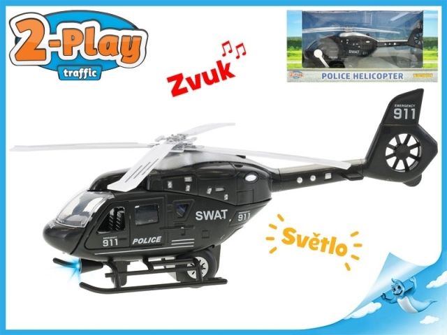 Vrtulník policejní 22cm kov 2-Play na zpětný chod na baterie se světlem a zvukem v krabičce - obrázek 1