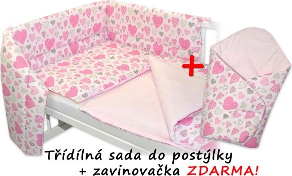 3-dílná sada mantinel s povlečením 135x100 + zavinovačka zdarma - Srdíčka růžová, růžová - obrázek 1