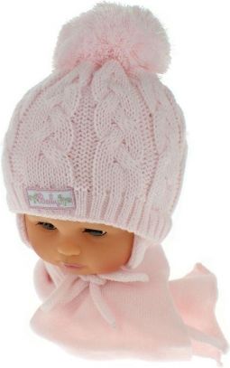 Baby Nellys Zimní pletená čepička s šálou Baby Bear - růžová s bambulkou - obrázek 1