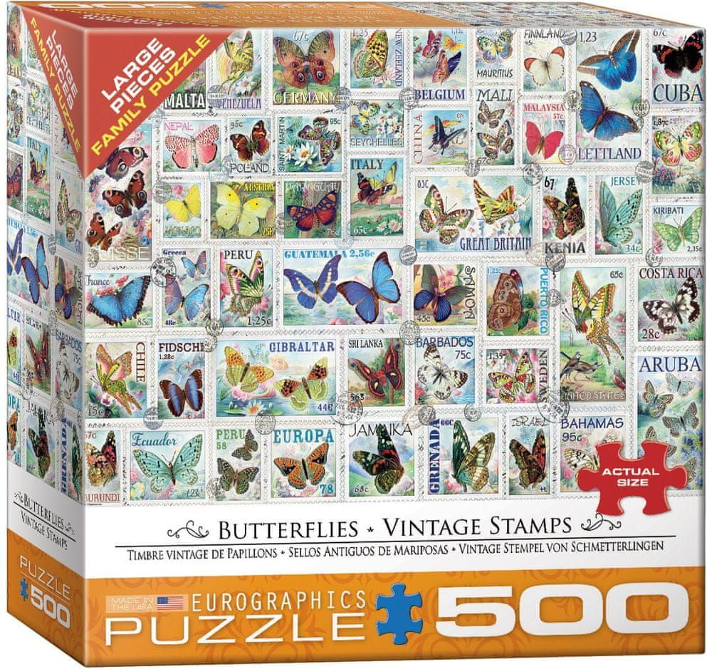 EuroGraphics Puzzle 500 dílků XXL dílků - Vintage Stamps - Butterflies - obrázek 1