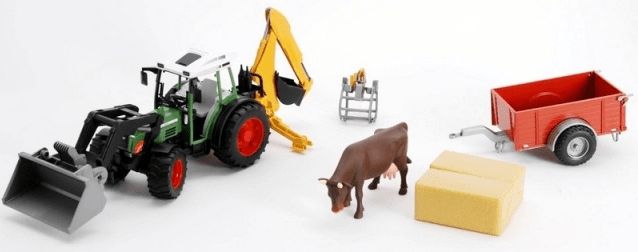 Bruder Traktor Fendt s čelním nakldačem s bagrem, vozem a krávou - obrázek 1