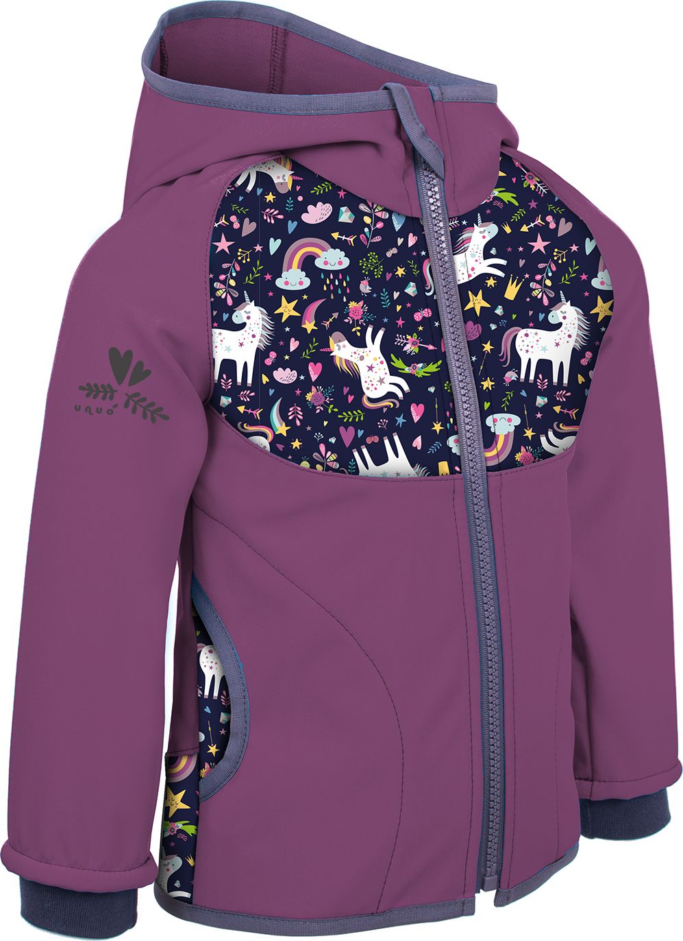 Unuo, Softshellová bunda s fleecem,  Ostružinová, Jednorožci ( Unuo softshell jacket printed) Velikost (Size): 98/104 - obrázek 1