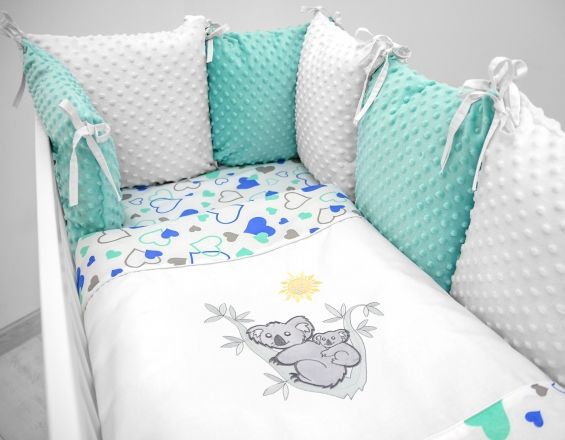 Baby Nellys Polštářkový mantinel s Minky s povlečením s vyšívkou - bílá,máta,love - Koala - obrázek 1
