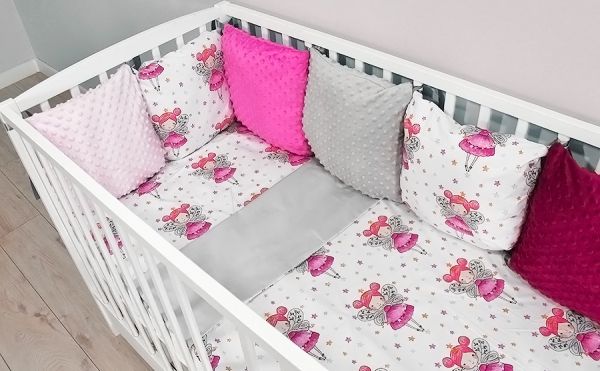 Baby Nellys Polštářkový mantinel minky s povlečením, 135x100 - Víla, šedé, B19 - obrázek 1
