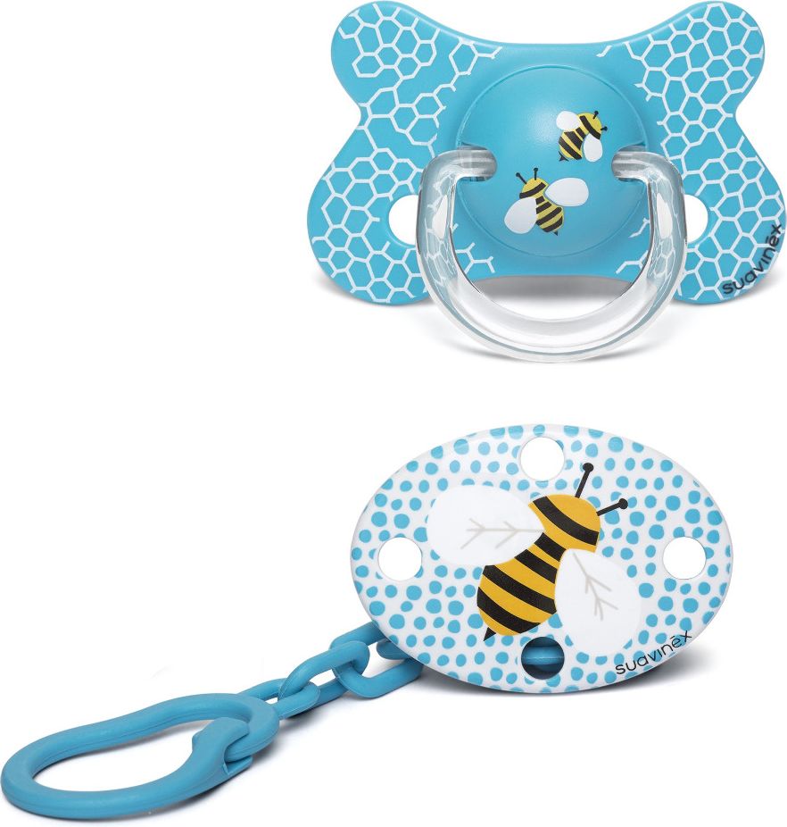 Suavinex Šidítko silikon 4-18m + klip 2 ks modrá včela - obrázek 1