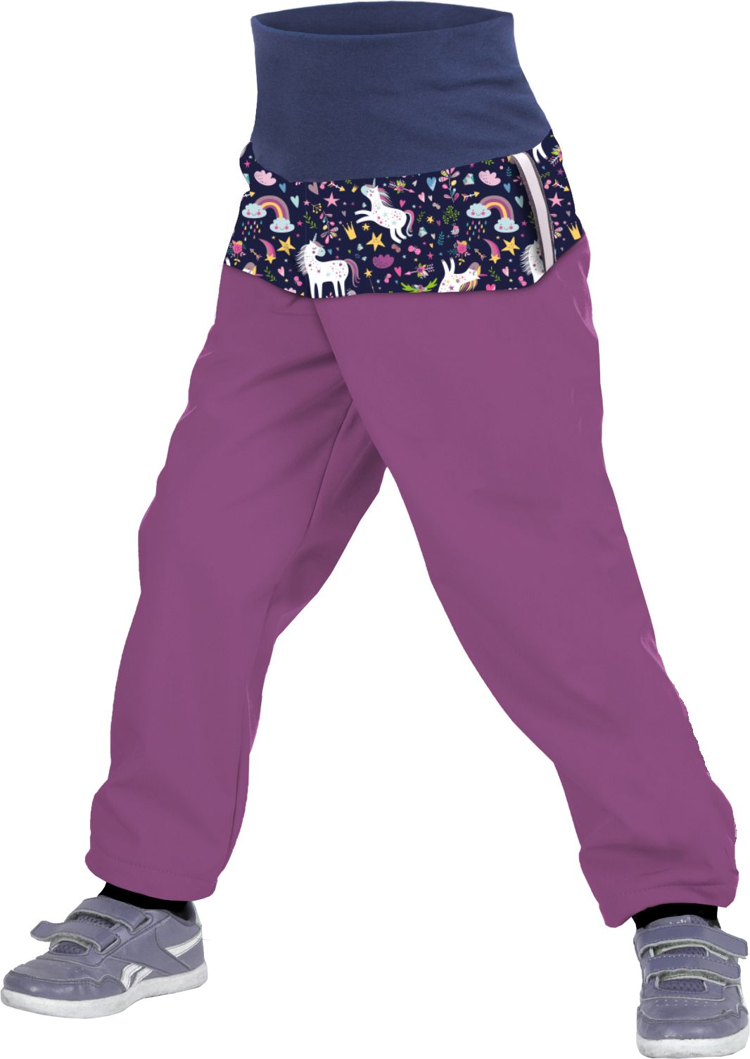 Unuo, Batolecí softshellové kalhoty s fleecem, Ostružinová, Jednorožci (Softshell toodler trousers) Velikost (Size): 98/104 SLIM - obrázek 1