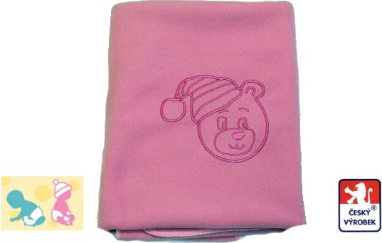 Deka do kočárku, fleece, růžový medvídek s čepicí - obrázek 1