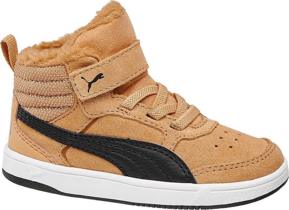 Deichmann - Puma Žlutohnědé kožené dětské kotníkové tenisky na suchý zip Puma Rebound Street 23 žluto-hnědá - obrázek 1
