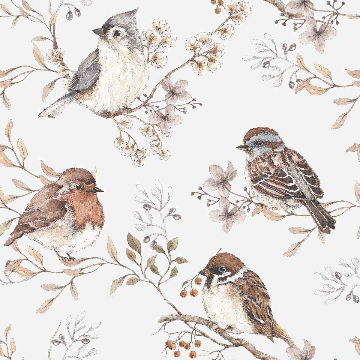 TAPETA NA ZEĎ BIRDS WHITE GRAY - obrázek 1