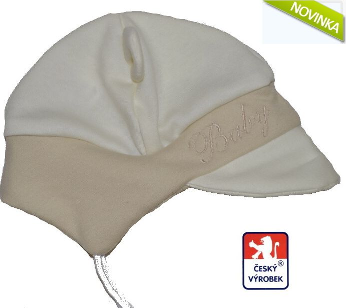 Dětská bavlněná čepička, zavazovací s ouškama Baby, krém/béž vel.0 - obrázek 1