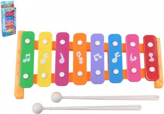 Xylofon 26cm kov/plast + 2 paličky 3 barvy v krabici 13,5x32x4cm - obrázek 1