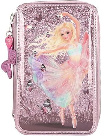 Fantasy Model Penál s výbavou , Víla, třípatrový, světle růžový s flitry - obrázek 1