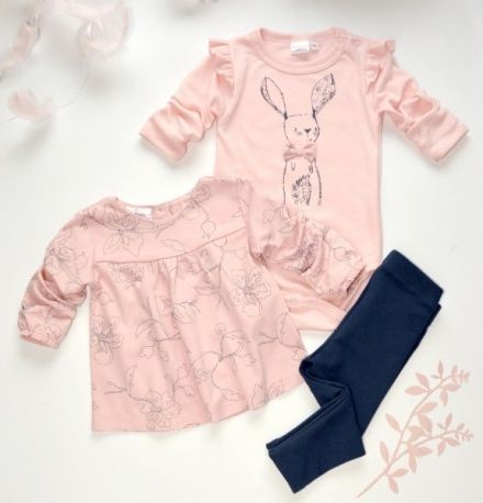 K-Baby 3 dílná sada - body dlouhý rukáv, triko, legíny KRÁLÍČEK - pudrově růžová, jeans - obrázek 1