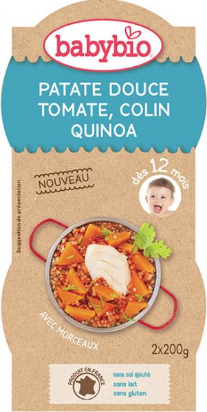 BabyBio sladké brambory s rajčatovým pyré, mořskou štikou a quinoa 2x200g - obrázek 1