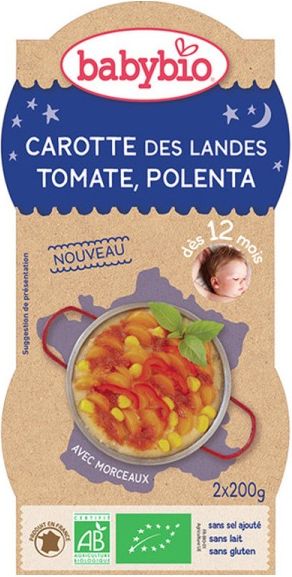 BabyBio Good Night mrkev s rajčatovým pyré, sladkou kukuřicí a polentou 2x200g - obrázek 1