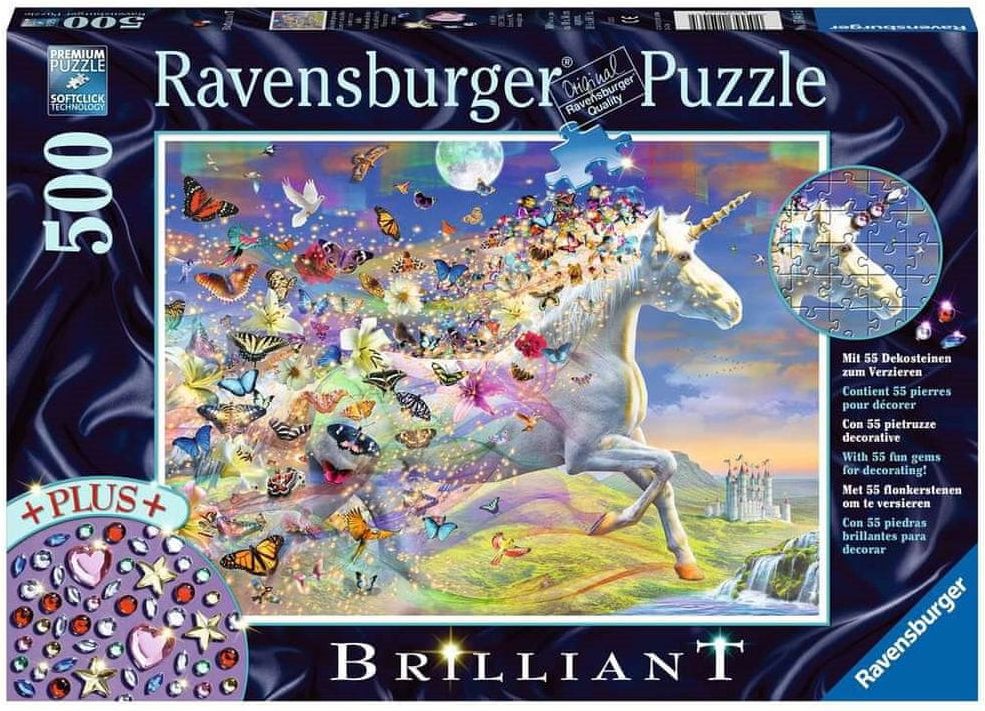 Ravensburger Puzzle s drahokamy Jednorožec a motýli 500 dílků - obrázek 1