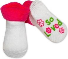 Ponožky kojenecké froté protiskluzové - SO LOVED bílé s růžovou - 0-6měs. - obrázek 1