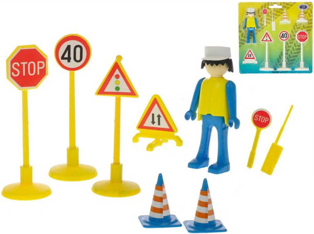 Dopravní značky herní set 9ks s figurkou a doplňky plast 2 barvy na kartě - obrázek 1